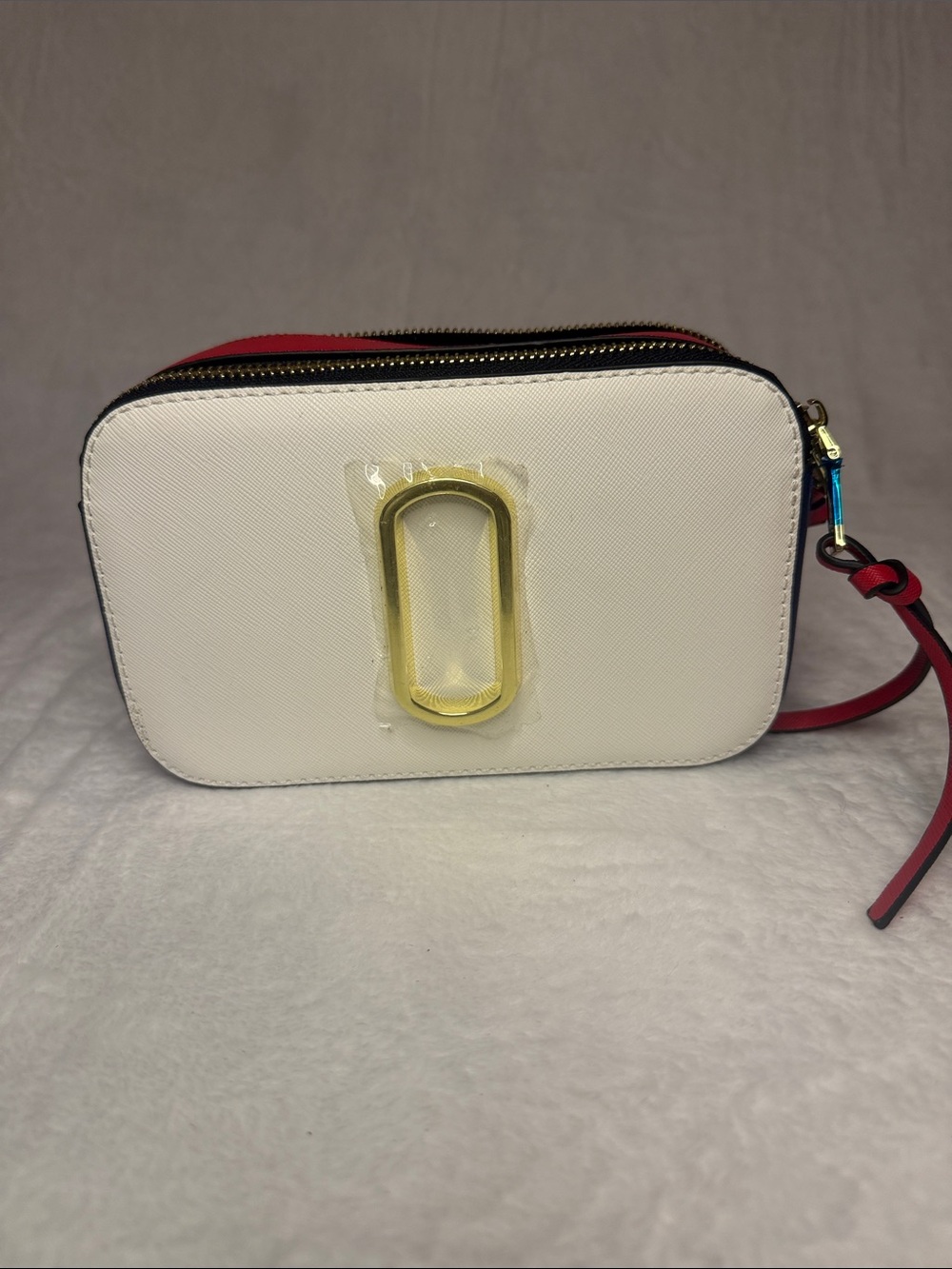 White Crossbody Camera Bag with Striped Webbing Strap